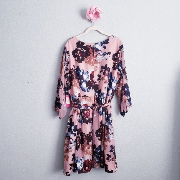 Vince Camuto Pink Floral Applique Long Sheer Sleeve Mini Wrap Dress - Picture 10 of 11